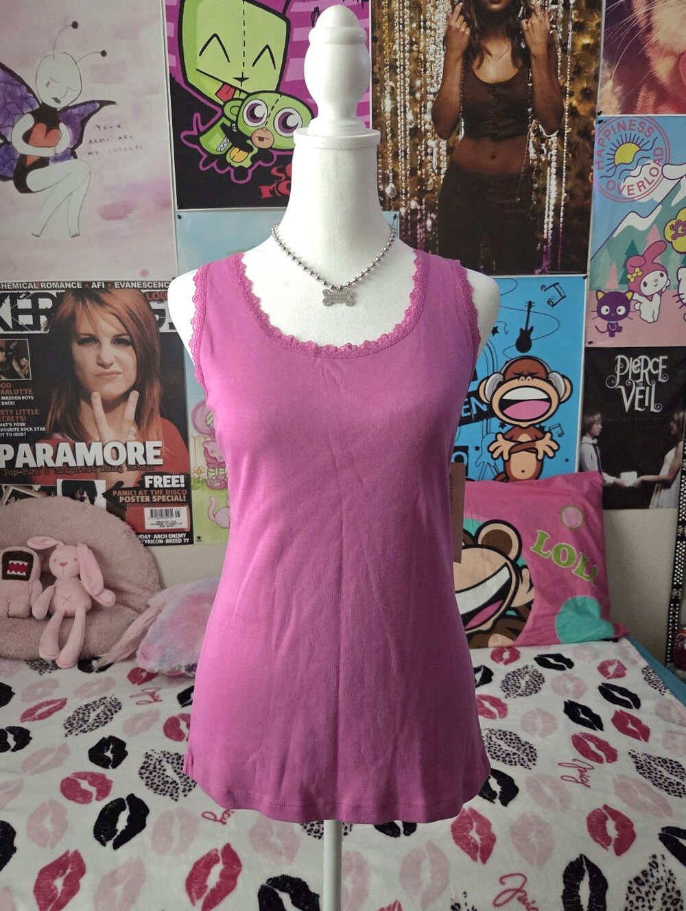 2000s Y2k Pink Lace Tank Top